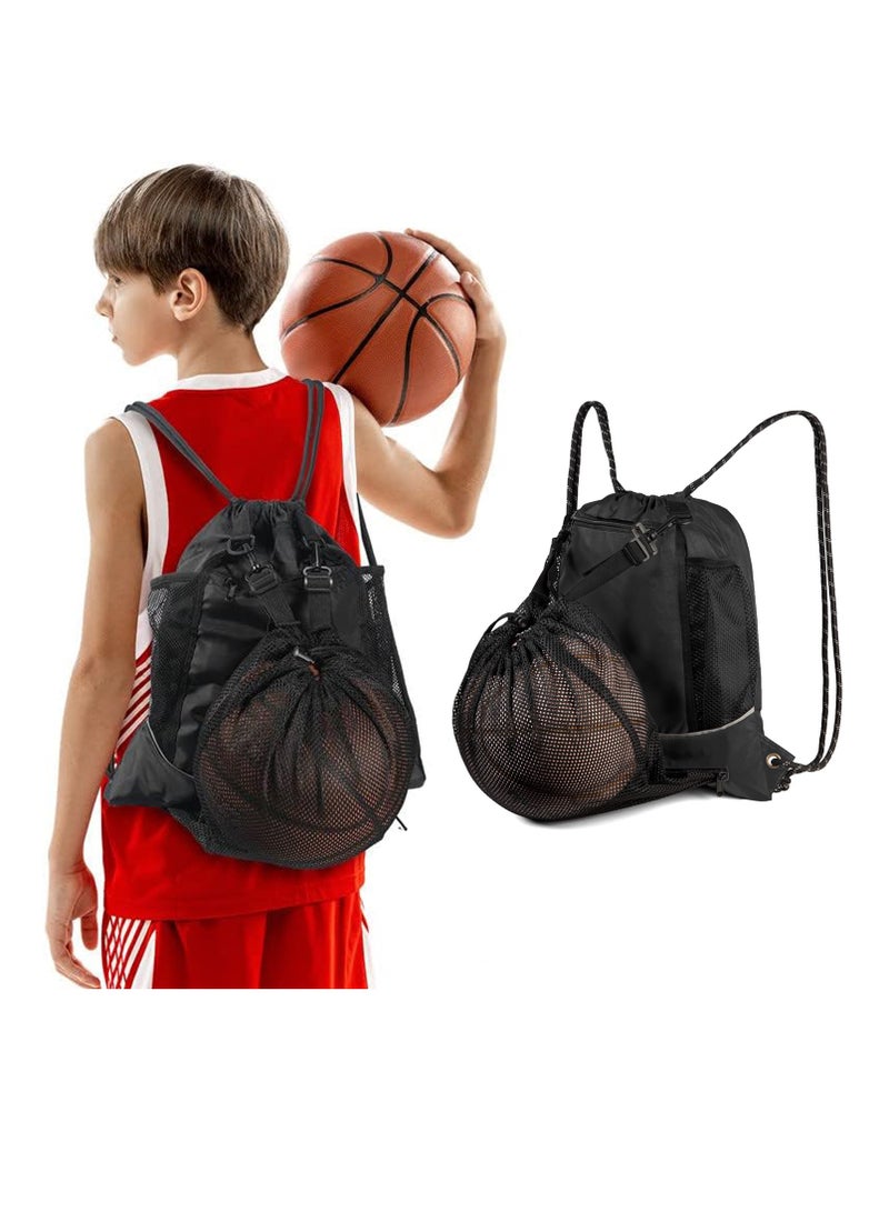 Black Basketball Backpack Drawstring Bag Basketball Accessories String Bag w Hidden Ball Net Gym Sports Cinch Sack w Bottle Holder & Zipper Pockets Workout Equipment Bags for Volleyball Men