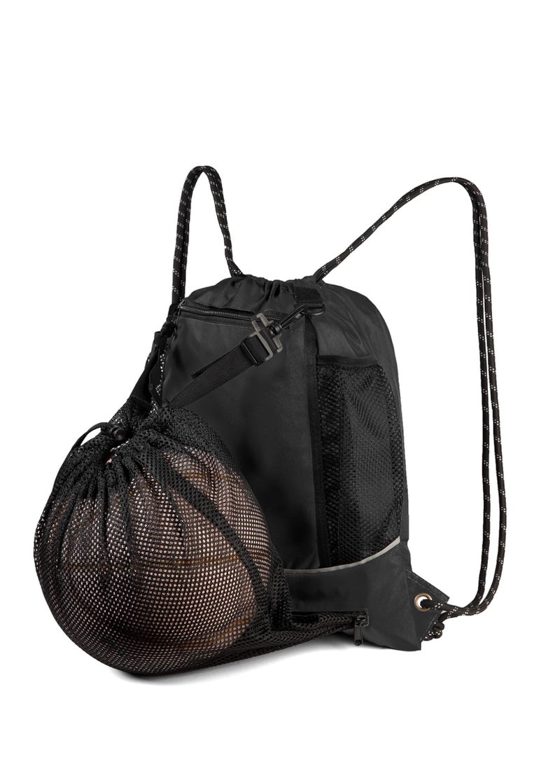 Black Basketball Backpack Drawstring Bag Basketball Accessories String Bag w Hidden Ball Net Gym Sports Cinch Sack w Bottle Holder & Zipper Pockets Workout Equipment Bags for Volleyball Men