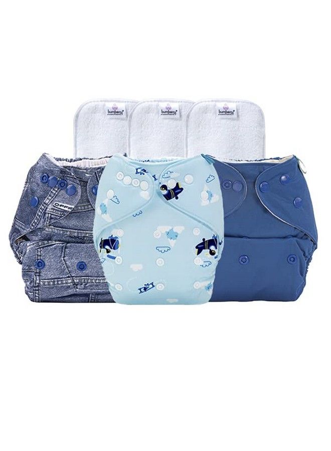 Adjustable Reusable 3 Pocket Cloth Diaper Cover Combo With 3 Microfiber Insert For Babies (Pack Of 3 Helicopter Jeans Deep Blue 636 Months)