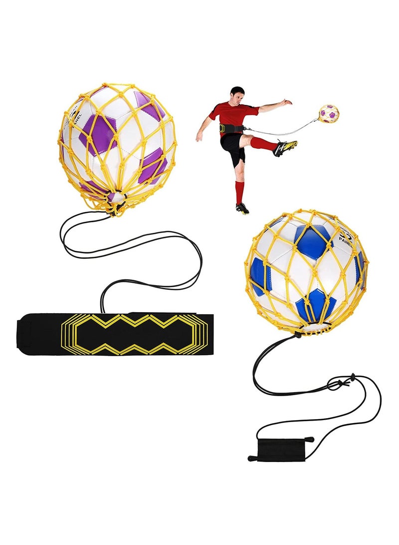 2Pcs Soccer Kick Trainer Waist Belt, Throw Trainer Handle Solo Soccer Trainer Juggling Net Elastic Soccer Training Equipment for Kids Adults Training Aid, Ball Size 3, 4, 5-Yellow