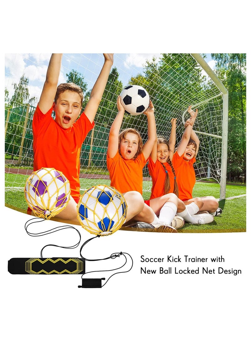 2Pcs Soccer Kick Trainer Waist Belt, Throw Trainer Handle Solo Soccer Trainer Juggling Net Elastic Soccer Training Equipment for Kids Adults Training Aid, Ball Size 3, 4, 5-Yellow
