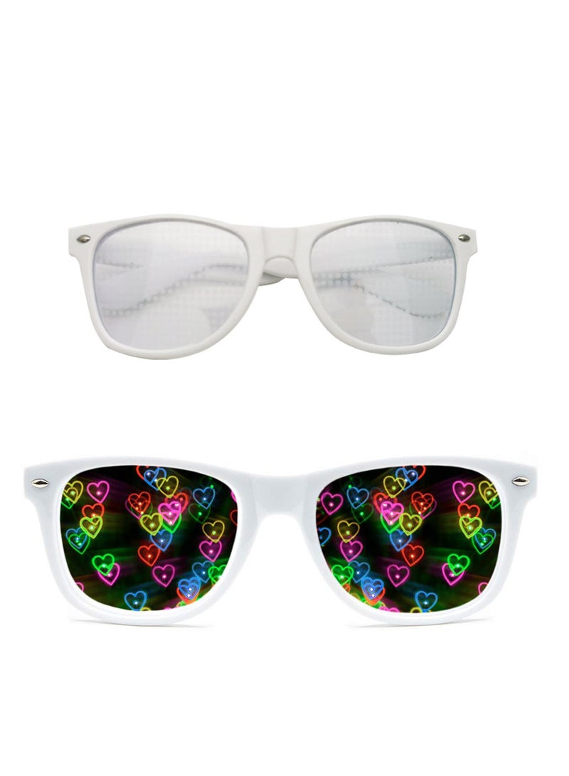 Special Effects Sunglasses, Peach Heart Diffraction Glasses, Festival Party Light Changing Refraction Glasses, Funny Light Diffraction Eyeglasses for Women Men Kids with Heart Effects, White