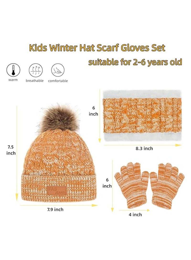 Kids Winter Beanie Hat Scarf Gloves Set for 2-6 Years Old, Toddler Winter Knit Hat Gloves Neck Warmer with Fleece Lined, Yellow