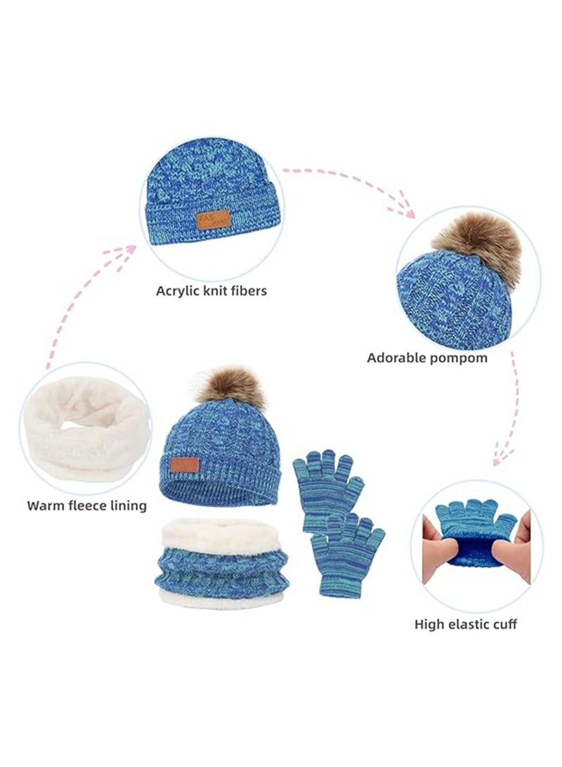 Kids Winter Beanie Hat Scarf Gloves Set for 2-6 Years Old, Toddler Winter Knit Hat Gloves Neck Warmer with Fleece Lined, Blue