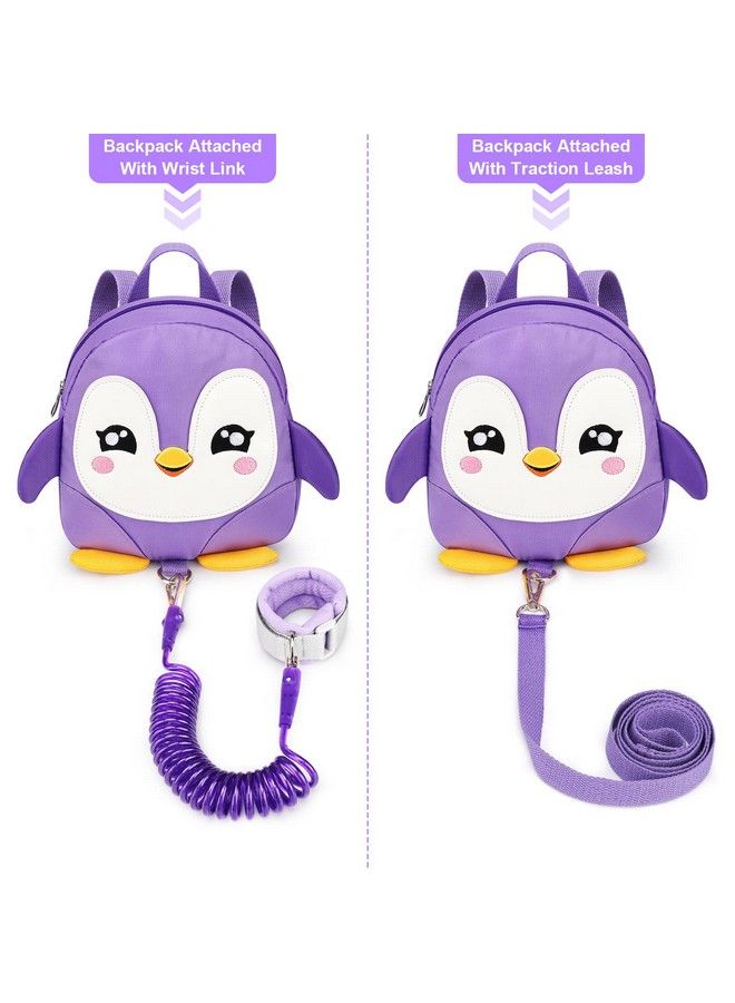 Toddler Harness Backpack Leash Cute Penguin Kid Backpacks With Anti Lost Wrist Link Mini Child Backpack Harness Leashes Walking Wristband Rope Travel Bag Harness Rein For Baby Girls (Purple)