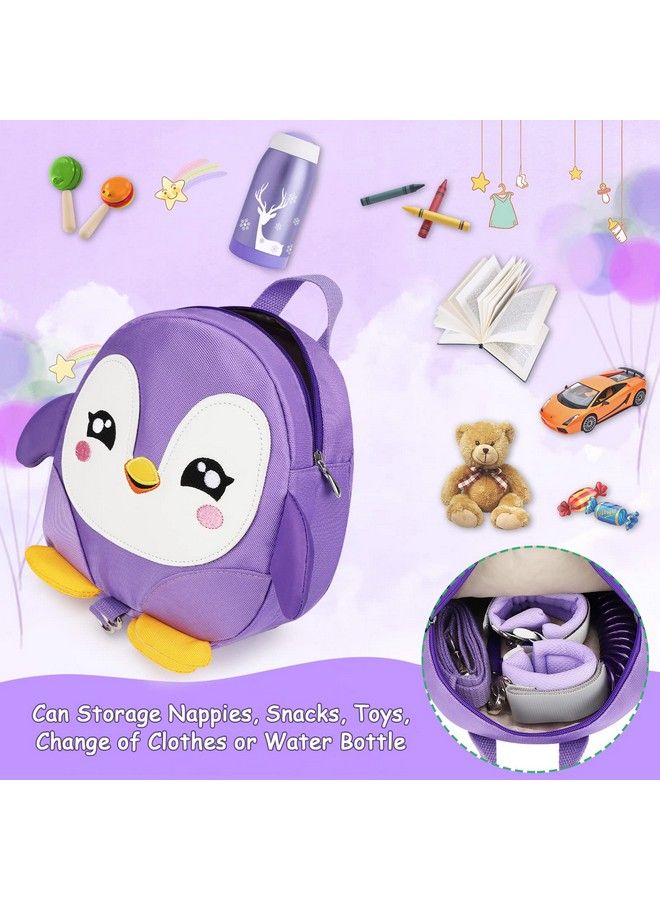 Toddler Harness Backpack Leash Cute Penguin Kid Backpacks With Anti Lost Wrist Link Mini Child Backpack Harness Leashes Walking Wristband Rope Travel Bag Harness Rein For Baby Girls (Purple)