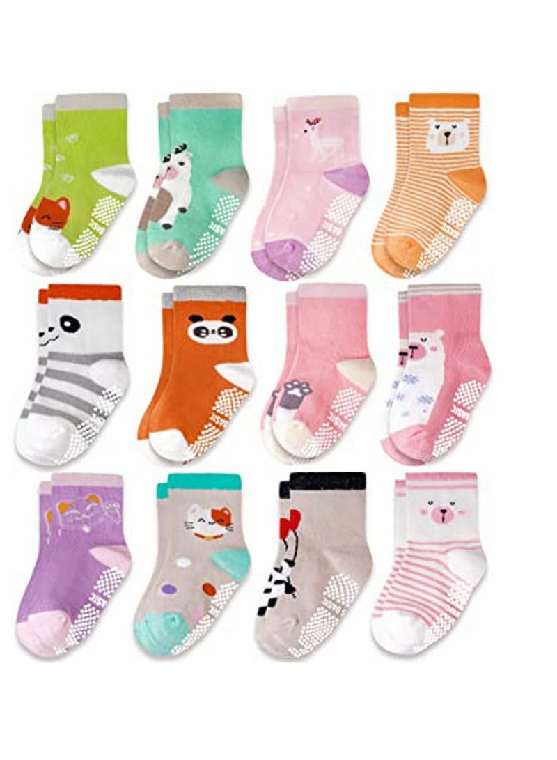 Socks, Cartoon Children's Socks, Non-slip Floor Socks, Girls Socks, Toddler Girls Grip Socks, Boys Non-slip Socks, for Kids Anti Skid, 12 Pack