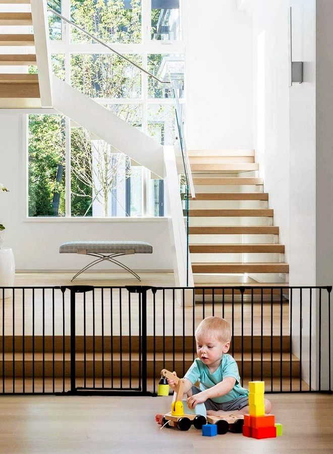 Baby Safety Gate Adjustable Metal Barrier Fence For Babies Kids Pets Dogs Ideal For Openings Stairs Doorways Foldable Playpen With Door 310 Cm Black