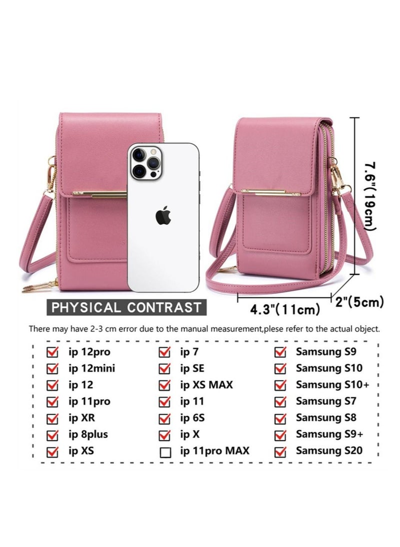 Small Crossbody Cell Phone Purse for Women, Mini Touch Screen Bag Messenger Shoulder Handbag Wallet with Credit Card Slots (Pink)