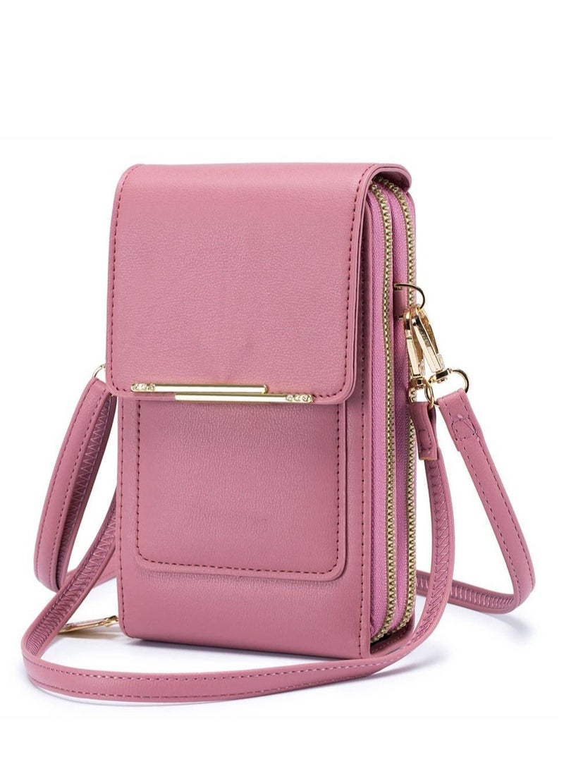 Small Crossbody Cell Phone Purse for Women, Mini Touch Screen Bag Messenger Shoulder Handbag Wallet with Credit Card Slots (Pink)