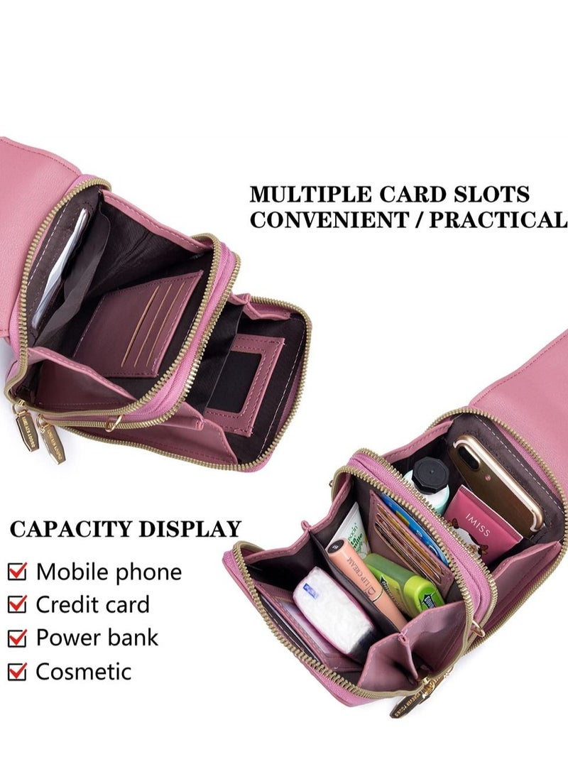 Small Crossbody Cell Phone Purse for Women, Mini Touch Screen Bag Messenger Shoulder Handbag Wallet with Credit Card Slots (Pink)