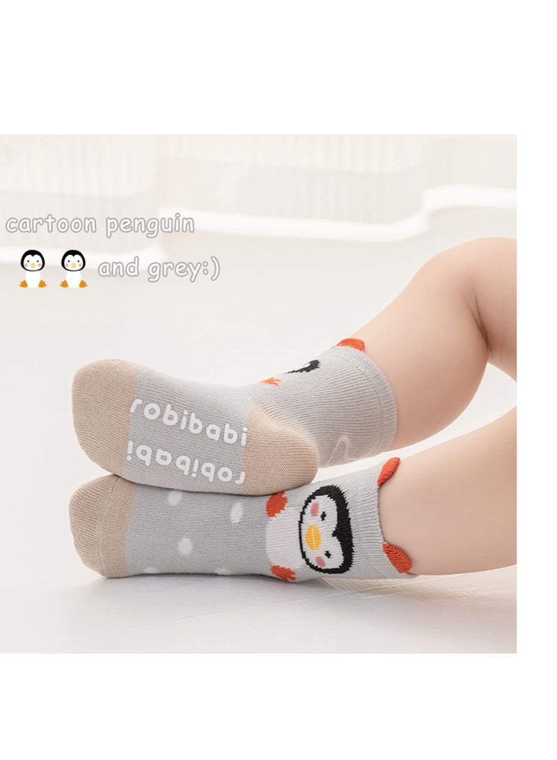 Toddler Non Slip Socks, Animal Grip Tube Baby Socks Anti-Skid Cartoon Crew Socks 5 Pairs  M Size