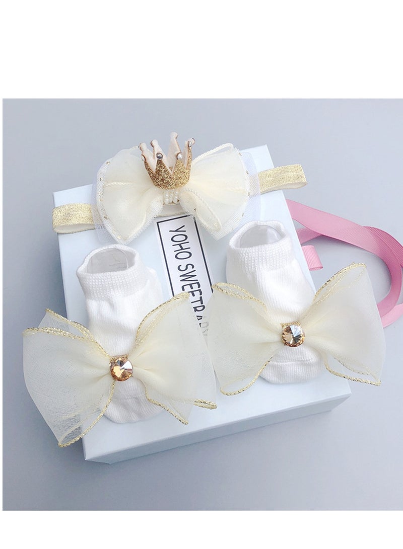 3PCS Baby Headband Sock Gift Box Set Full Moon 100th Birthday Gift Beige