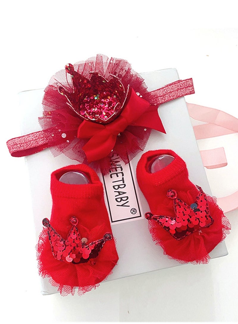 3PCS Baby Headband Sock Gift Box Set Full Moon 100th Birthday Gift Red