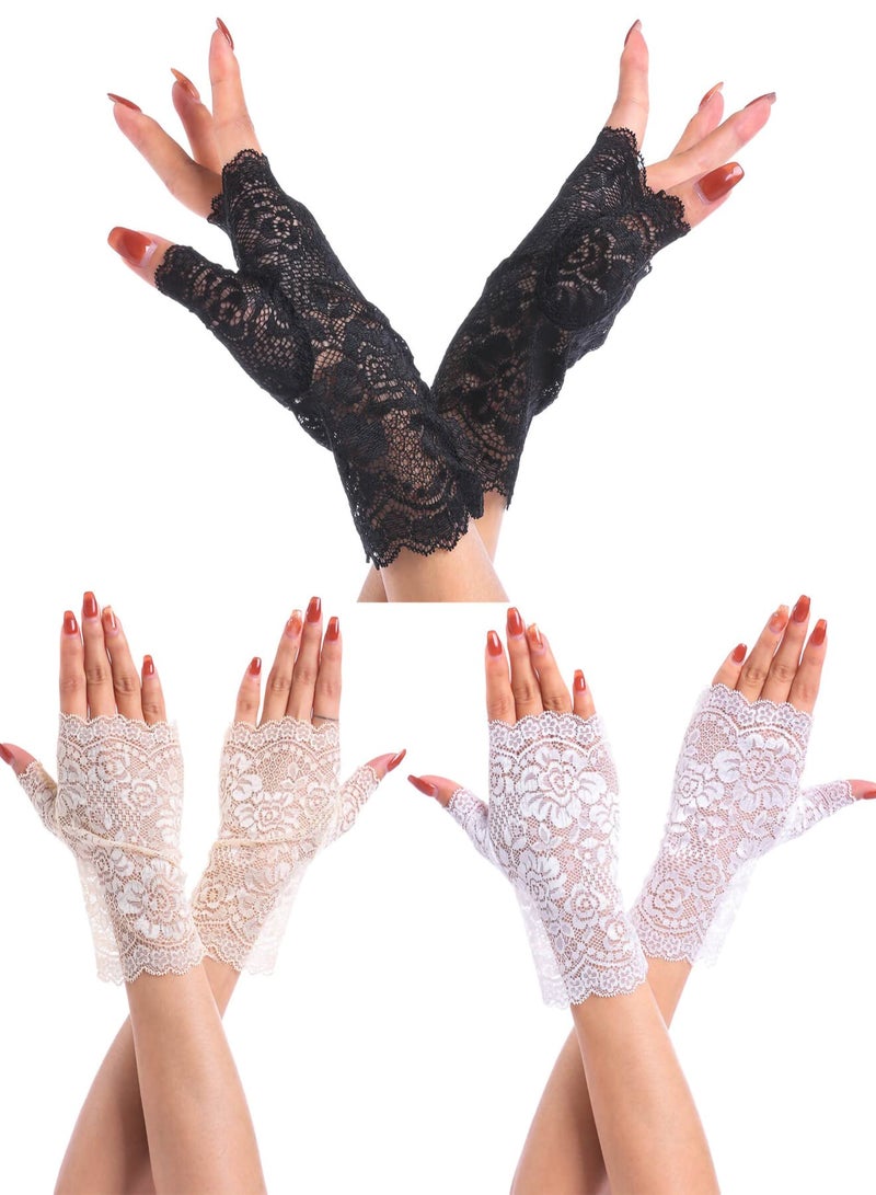 Lady Lace Floral Gloves 3 Pairs Elegant Short Summer for Wedding Cosplay Party