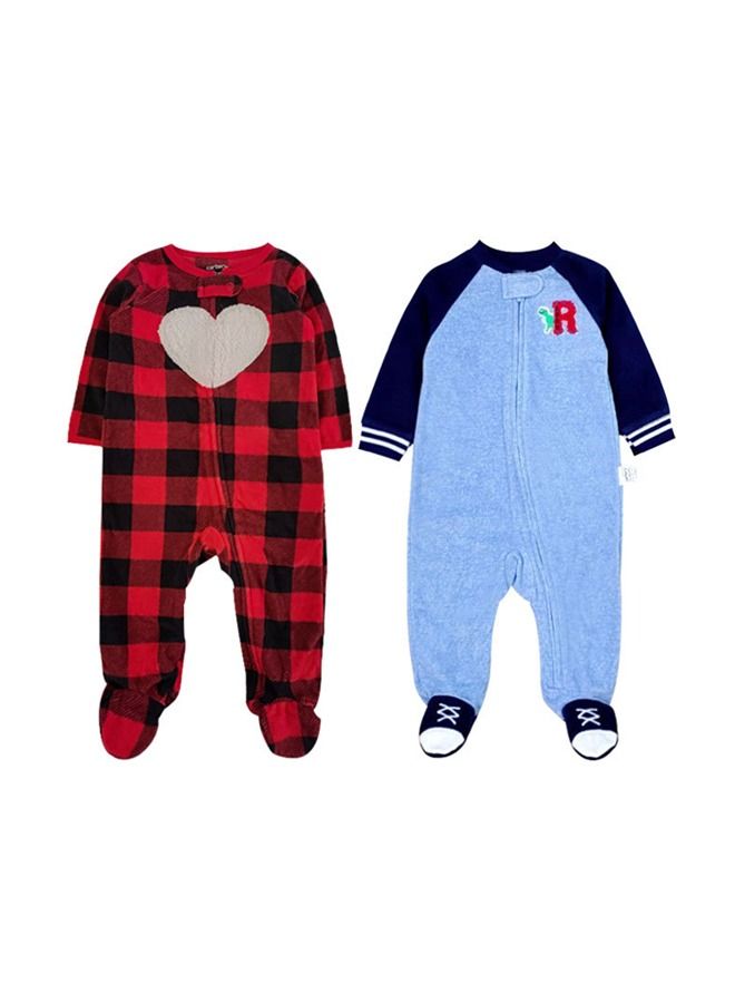 2PCS Baby One-Piece Pajamas with Shoe Covers, Baby Fleece Warm Crawl Suit, Long Sleeve Zipper Foot Crawl Suit, Baby Pajamas for Babies before 1 Year Old (Red & Blue)