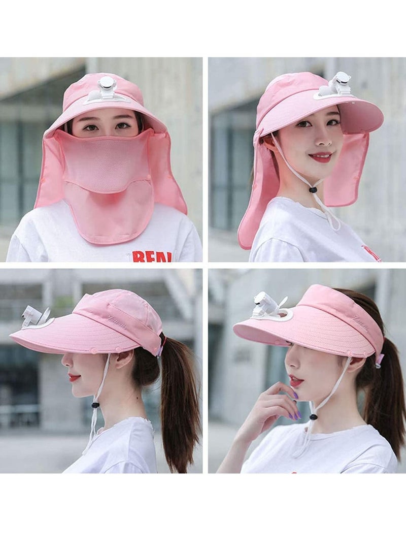 Fan Visor Cap USB Charging Summer Women hat with Face Neck Cover Wrap for Travel UV Protection Portable Outdoor Camping Pink