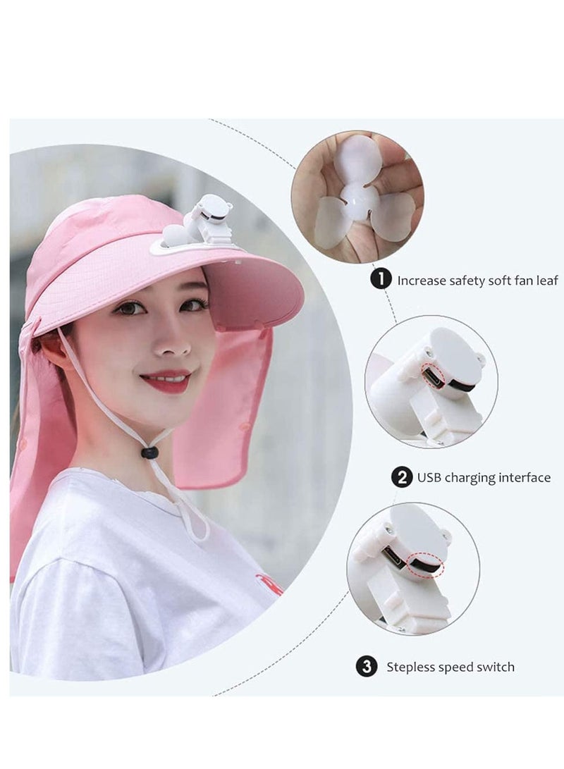 Fan Visor Cap USB Charging Summer Women hat with Face Neck Cover Wrap for Travel UV Protection Portable Outdoor Camping Pink