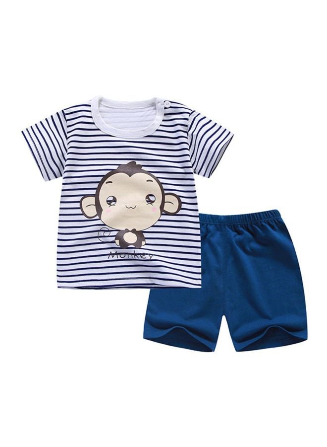 Cartoon Monkey Printed T-Shirt And Shorts Set White/Blue/Brown