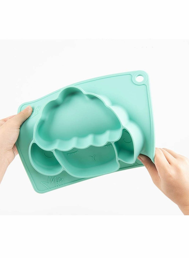 Silicone Divided Toddler Plates - Anti-Fall Eating Bowl Baby Cartoon Complementary Food Non-Slip Fun Lamb Shape Plate with Built-in Placemat for Toddlers (Green)