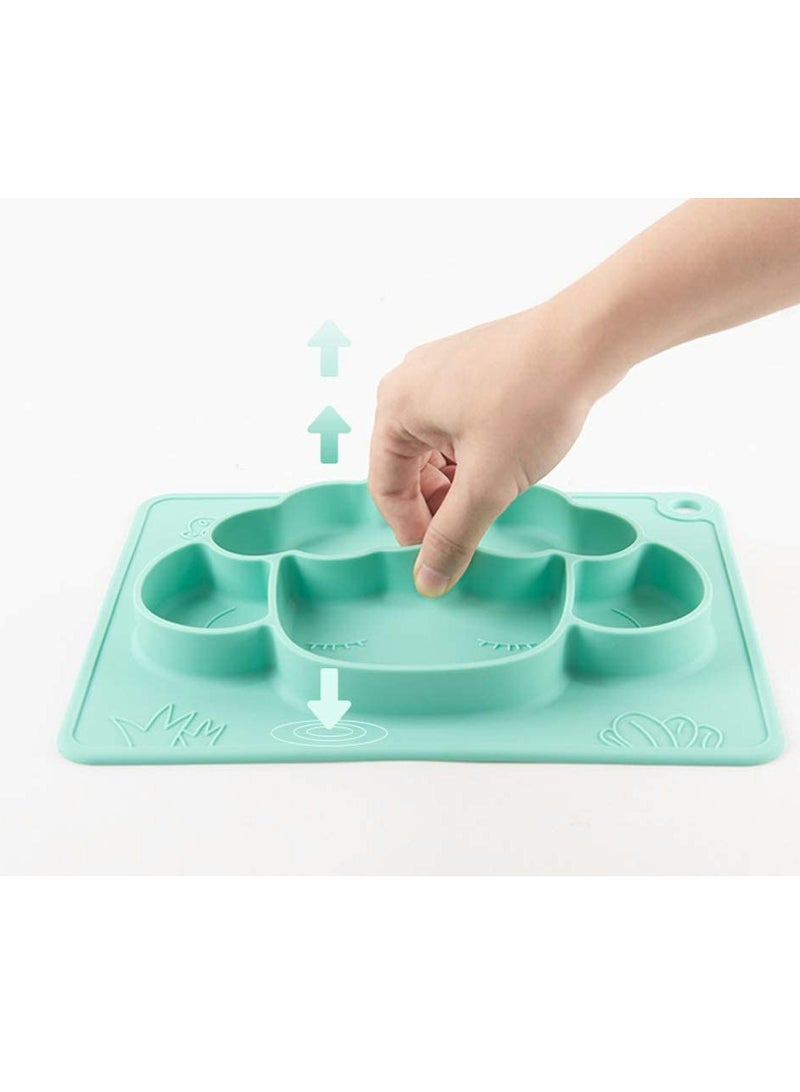 Silicone Divided Toddler Plates - Anti-Fall Eating Bowl Baby Cartoon Complementary Food Non-Slip Fun Lamb Shape Plate with Built-in Placemat for Toddlers (Green)