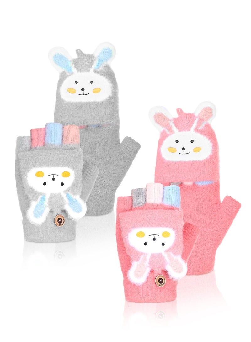 2 Pairs Toddler Finger Mittens Kids Fingerless Gloves Knit Convertible Half Finger Mitten Flap for Aged 3-15(Grey, Pink)