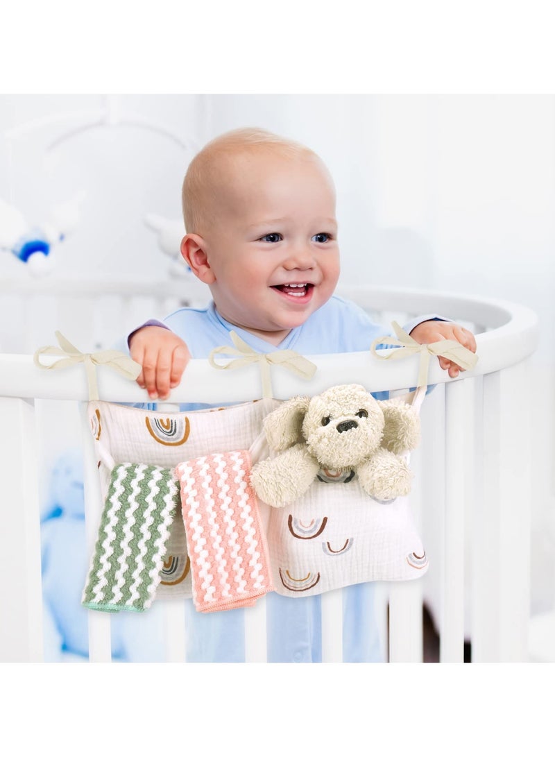 SYOSI Hanging Storage Bag for Baby Bedside, Linen Baby Nursery Organizer, Small Baby Crib Organizer Bag with 2 Pockets, Baby Hanging Storage Bag for Bottles, Toys, Diapers and Nipples (Rainbow)