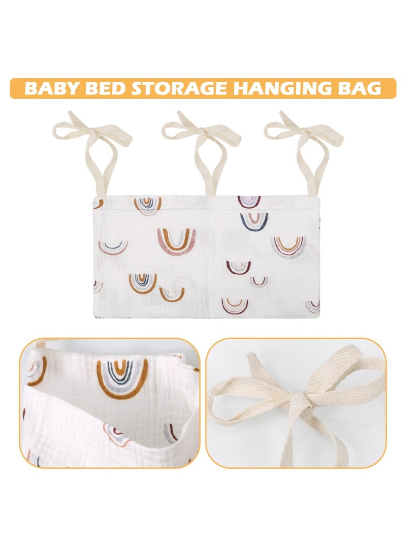 SYOSI Hanging Storage Bag for Baby Bedside, Linen Nursery Organizer, Small Crib Organizer with 2 Pockets, Bottles, Toys, Diapers and Nipples (Rainbow)