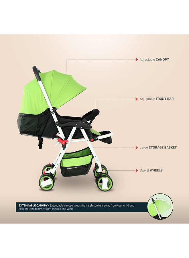 Two Tray One Hand Fold Multi Position Recline Baby Stroller With Large Canopy And Shopping Basket