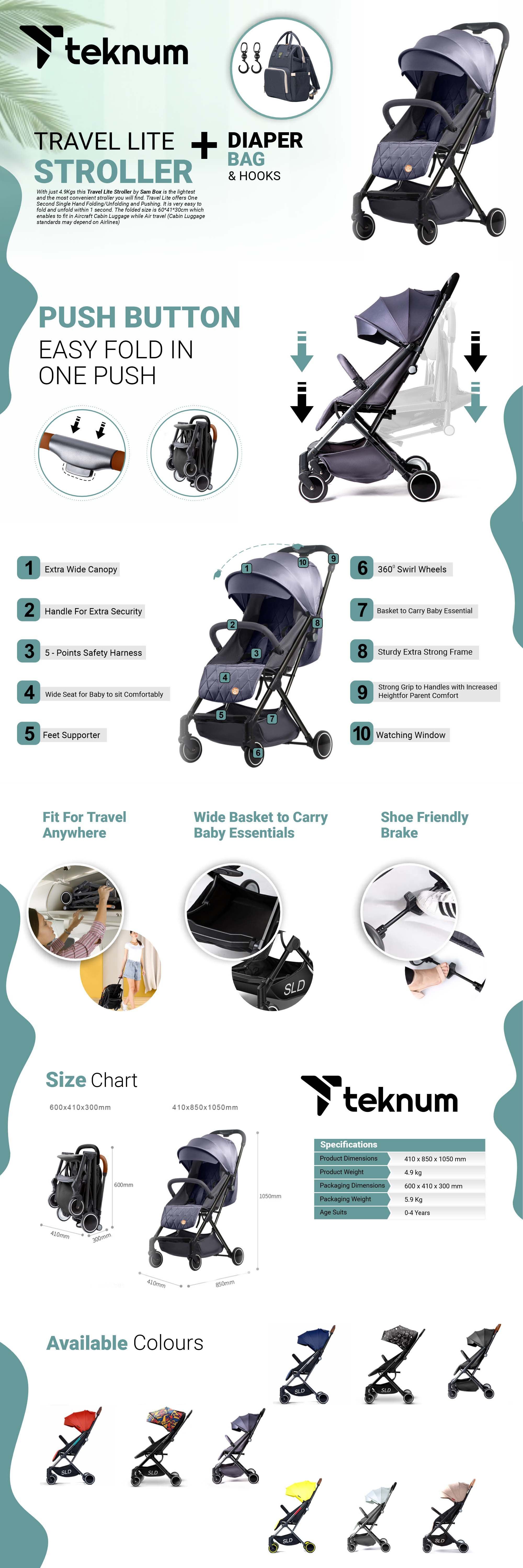 Travel Lite Stroller With Sunveno Diaper Bag Black With Hooks Grey
