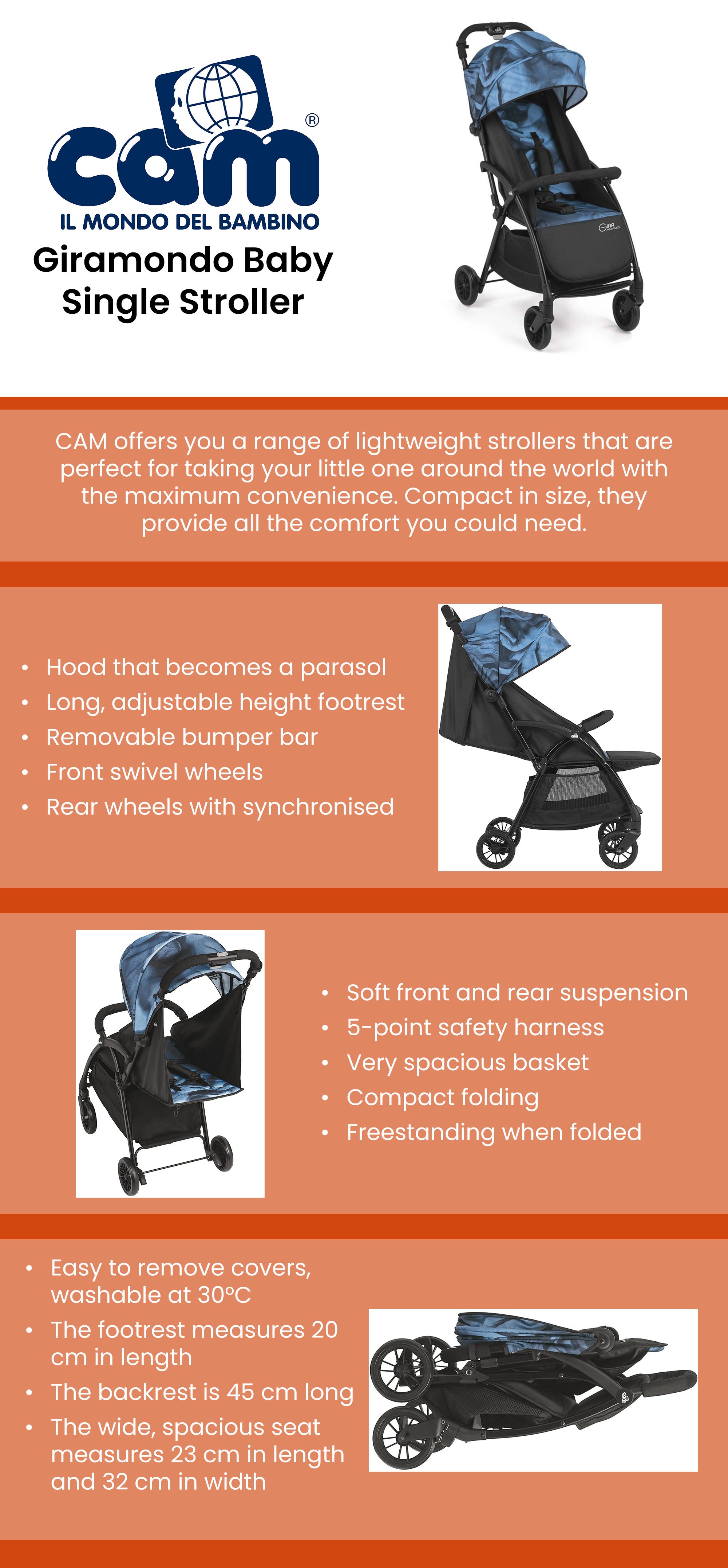 Giramondo Stroller Blue Statue,  Baby Stroller, Lightweight, Adjustable Seat, Four Wheels, Strollers, Aluminium Frame, 5-Point Safety Harness, Easy To Carry, Super Compact Folding