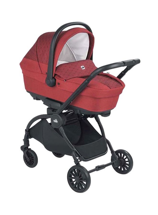 Vogue Baby Travel System - Red, From 0 To 4 Years Old, Spacious Carrycot, Mattress, Hood With Extendable Sun Visor, Rocking Function, Compact Folding Pushchair, Made In Italy, Safety Harness