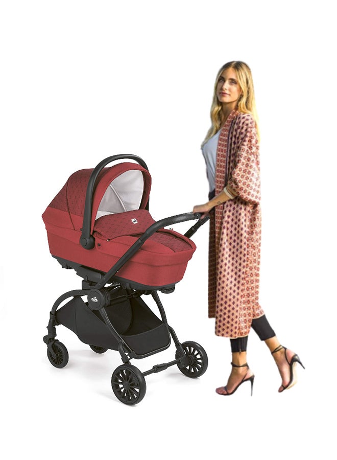 Vogue Baby Travel System - Red, From 0 To 4 Years Old, Spacious Carrycot, Mattress, Hood With Extendable Sun Visor, Rocking Function, Compact Folding Pushchair, Made In Italy, Safety Harness