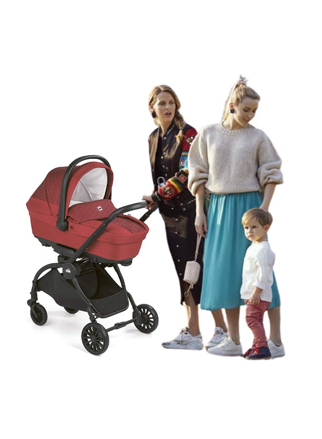 Vogue Baby Travel System - Red, From 0 To 4 Years Old, Spacious Carrycot, Mattress, Hood With Extendable Sun Visor, Rocking Function, Compact Folding Pushchair, Made In Italy, Safety Harness