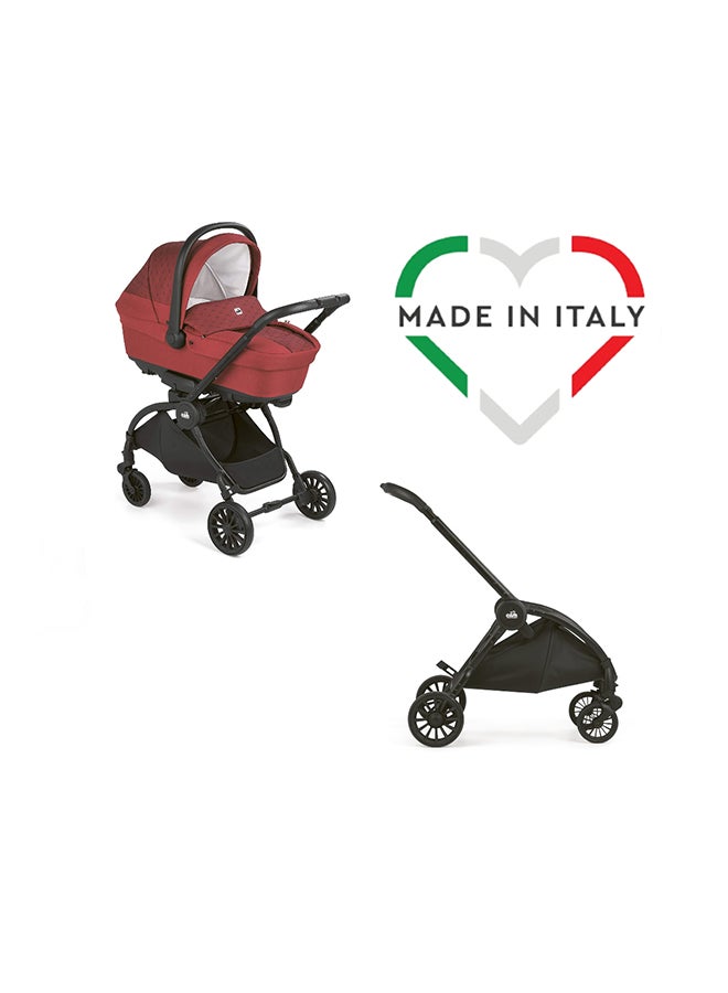 Vogue Baby Travel System - Red, From 0 To 4 Years Old, Spacious Carrycot, Mattress, Hood With Extendable Sun Visor, Rocking Function, Compact Folding Pushchair, Made In Italy, Safety Harness