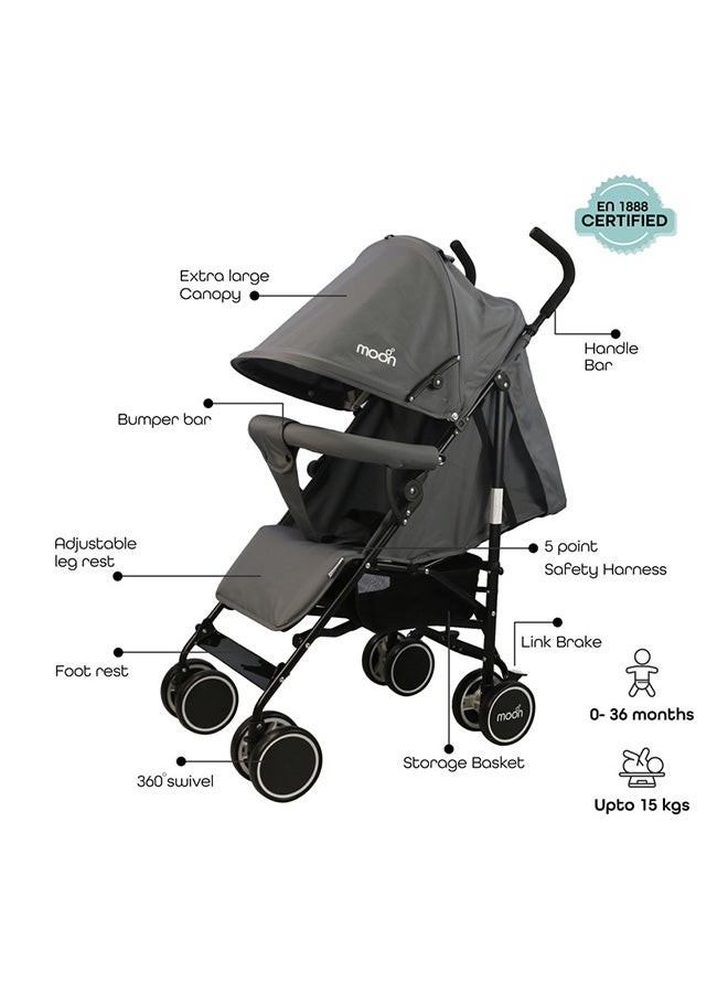 Lightweight Strek - Stroller With One-Touch Brake System And Multi-Position Reclining Padded Seat, Upto 15 KG, Mid Grey