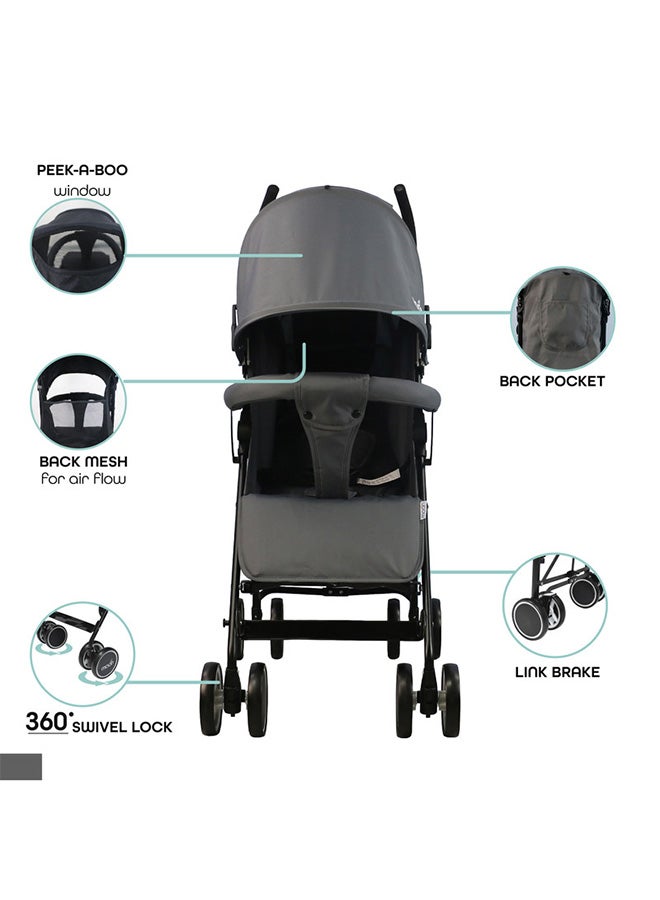 Lightweight Strek - Stroller With One-Touch Brake System And Multi-Position Reclining Padded Seat, Upto 15 KG, Mid Grey