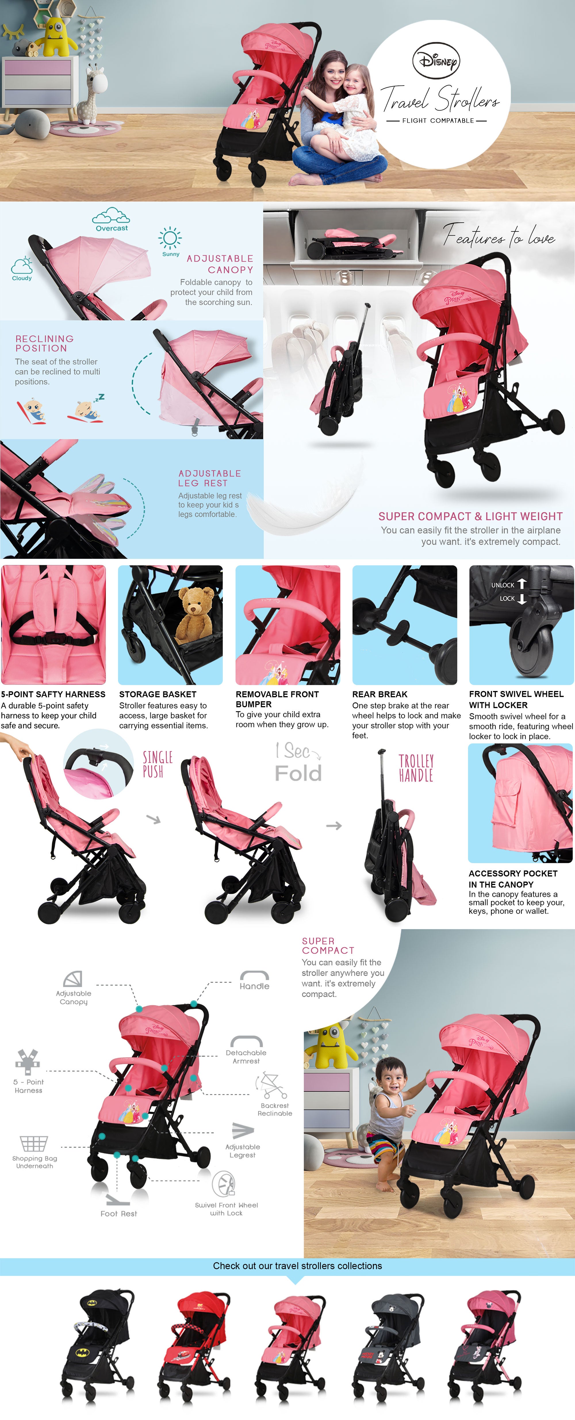 Princess Travel Stroller With Storage Basket, Rear Breaks And Trolley Handle- 0-36 Months