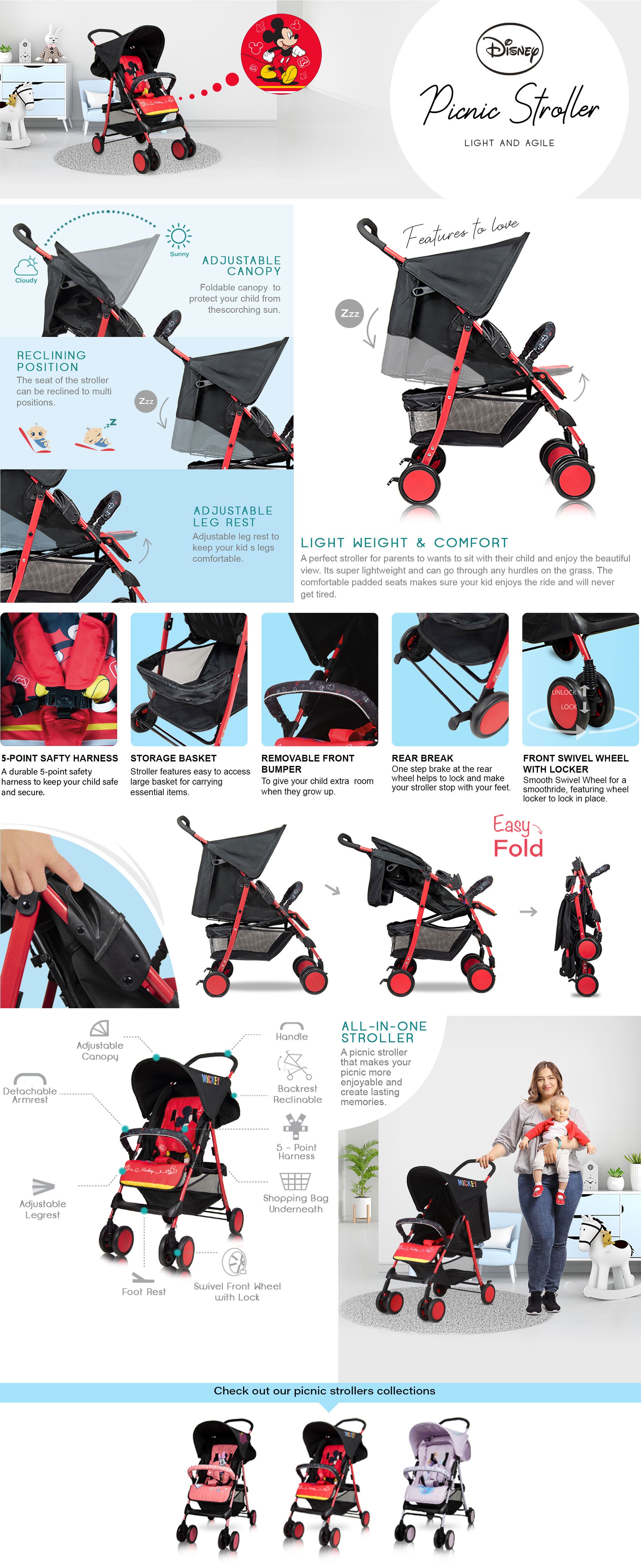 Mickey Mouse Lightweight Picnic Stroller With Storage Cabin