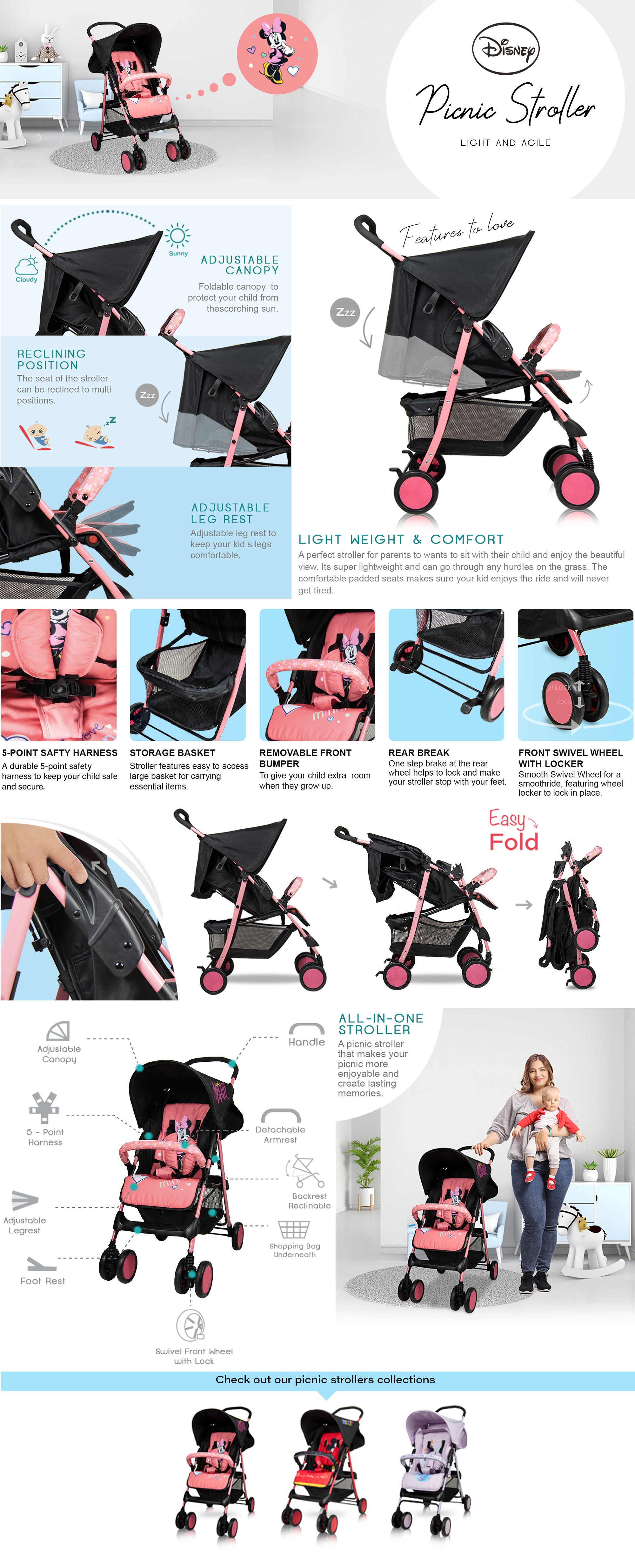 Minnie Mouse Lightweight Picnic Stroller With Storage Cabin