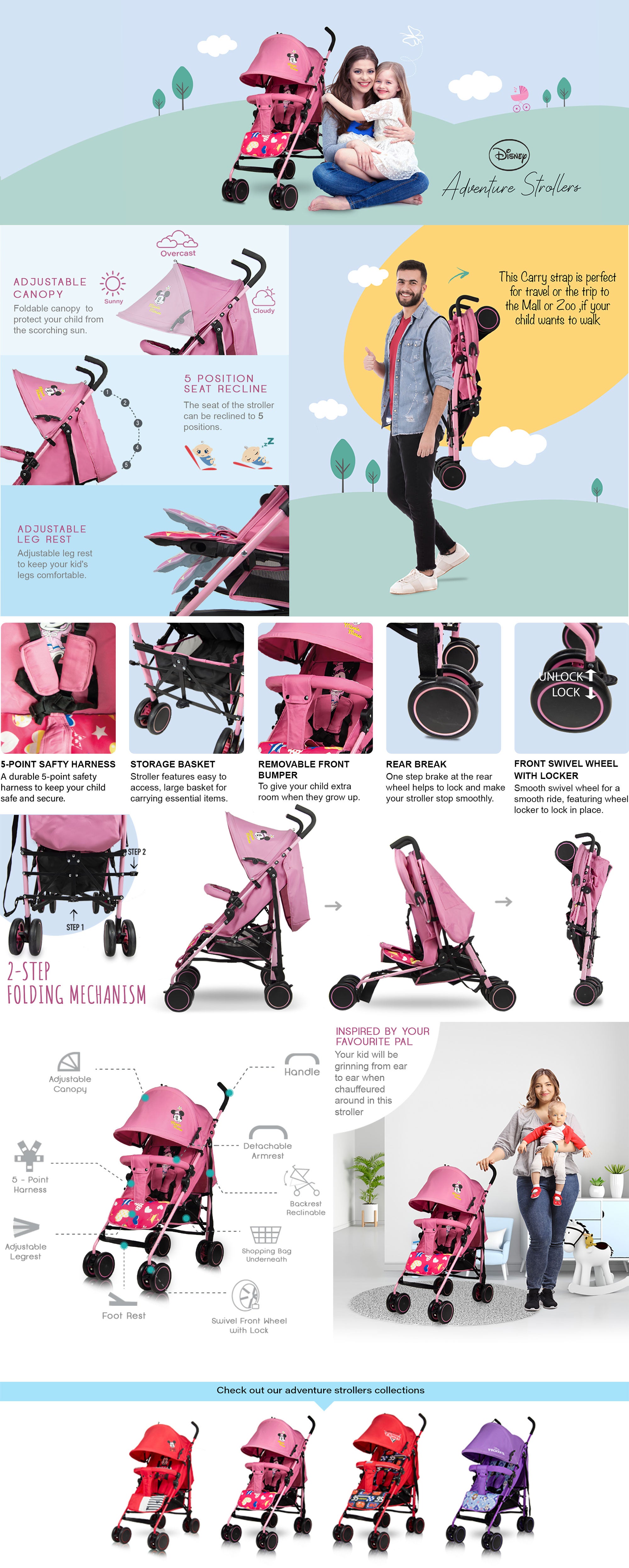 Minnie Mouse Lightweight Adventure Stroller With Storage Cabin