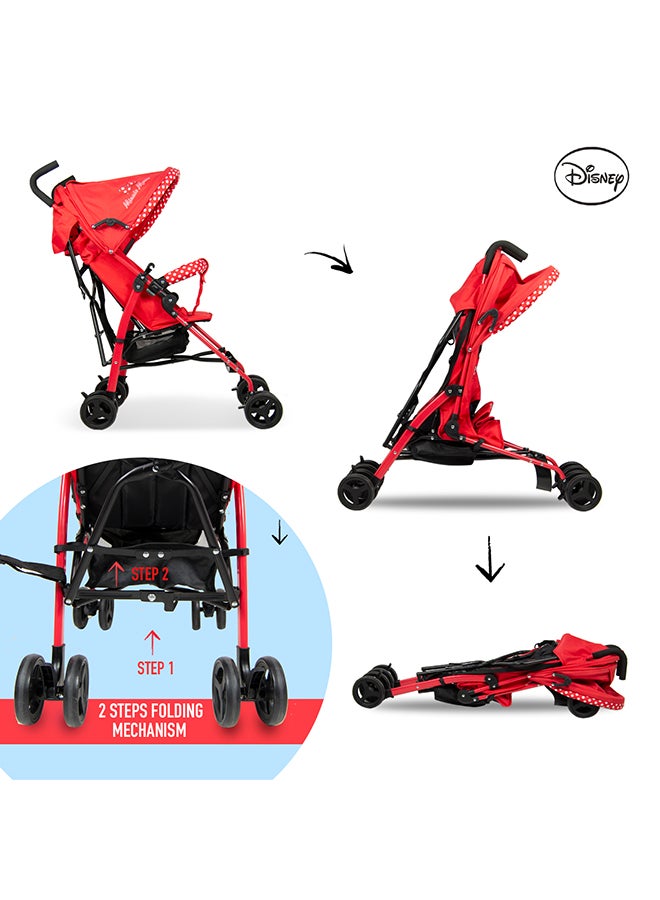 Mickey And Friends - Minnie Mouse Lightweight Adventure Stroller + Storage Cabin | 3 - 36 Months, Compact Design, Shoulder Strap, Adjustable Reclining Seat