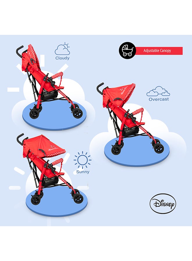 Mickey And Friends - Minnie Mouse Lightweight Adventure Stroller + Storage Cabin | 3 - 36 Months, Compact Design, Shoulder Strap, Adjustable Reclining Seat