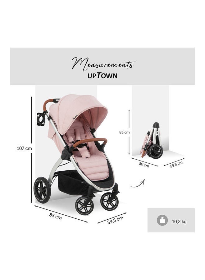 Uptown Pushchair, Melange Rose Stroller For All Terrains, Extra Large Seat, Lie - Flat Position, Rubber Wheels, Suspension, Compact And Easy Fold, With Raincover