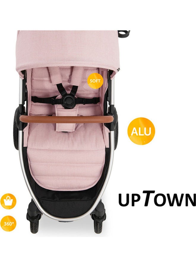 Uptown Pushchair, Melange Rose Stroller For All Terrains, Extra Large Seat, Lie - Flat Position, Rubber Wheels, Suspension, Compact And Easy Fold, With Raincover