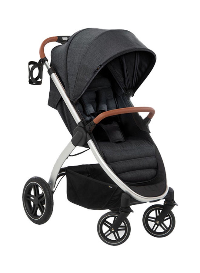 Uptown Pushchair, Melange Black Stroller For All Terrains, Extra Large Seat, Lie - Flat Position, Rubber Wheels, Suspension, Compact And Easy Fold, With Raincover