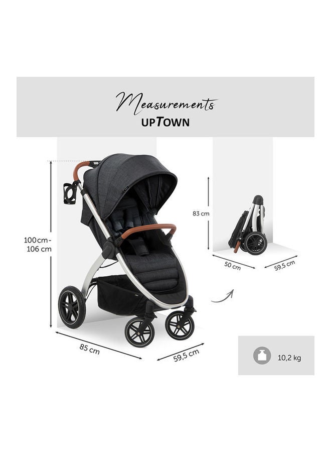 Uptown Pushchair, Melange Black Stroller For All Terrains, Extra Large Seat, Lie - Flat Position, Rubber Wheels, Suspension, Compact And Easy Fold, With Raincover