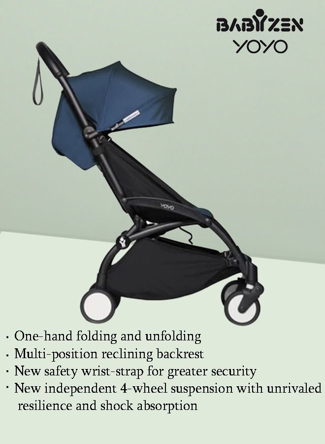 Yoyo Stroller Includes Harness, Backrest, Hood Extensions, Shoulder Strap, Storage Bag, Seat Cushion And Matching Canopy (White Frame With Air France Blue 6+ Colour Pack)