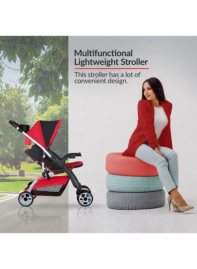 Baby Plus Red & Black Ultra-Light Stroller – Compact, Foldable & Travel-Ready for Newborns & Toddlers (0-3 Years), with Multi-Position Reclining Seat, Sun Canopy, Storage Basket & Shock-Absorbing Wheels