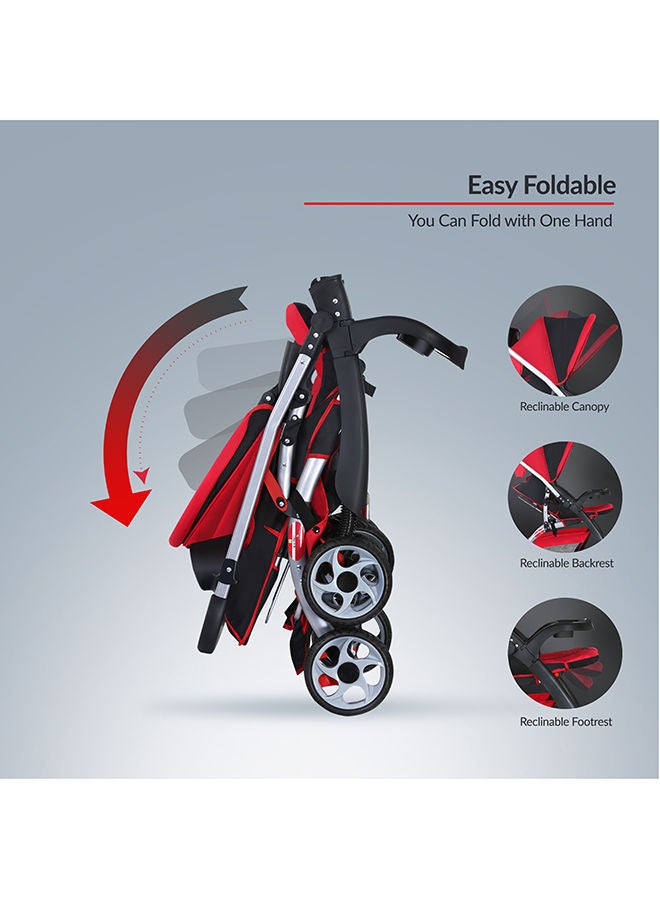 Baby Plus Red & Black Ultra-Light Stroller – Compact, Foldable & Travel-Ready for Newborns & Toddlers (0-3 Years), with Multi-Position Reclining Seat, Sun Canopy, Storage Basket & Shock-Absorbing Wheels